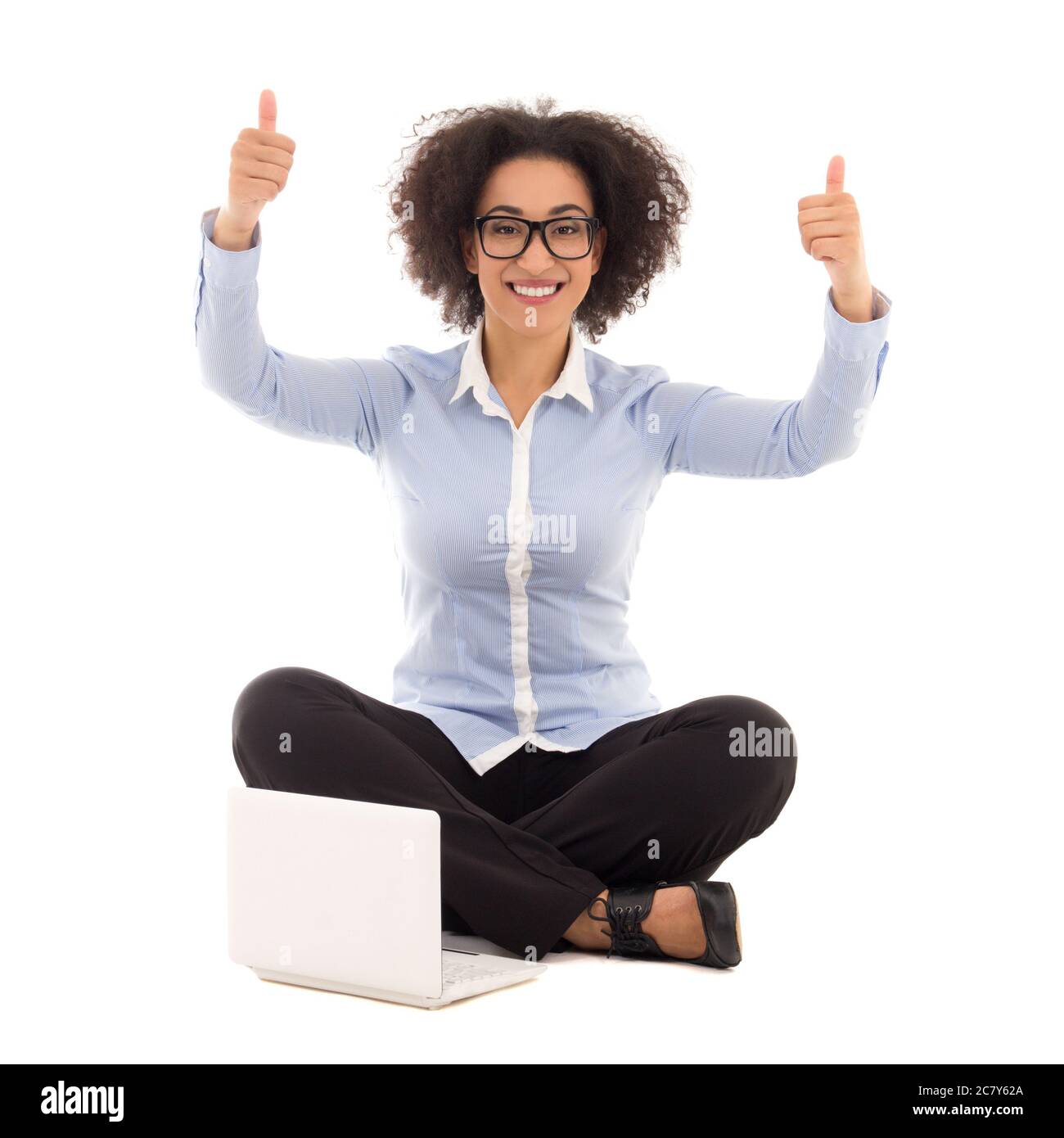 happy beautiful african american business woman sitting with laptop ...