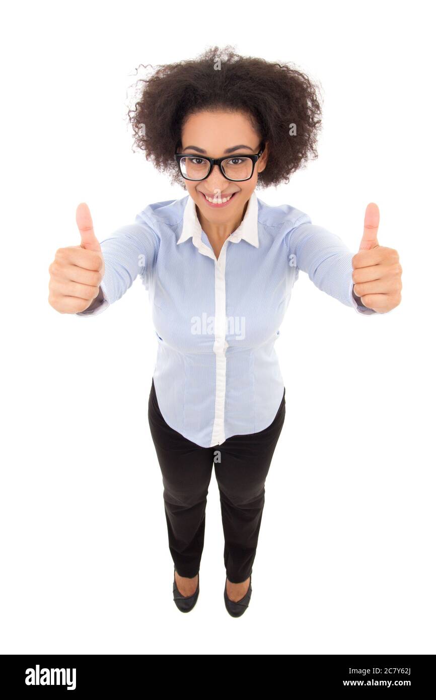 top view of beautiful african american business woman thumbs up ...