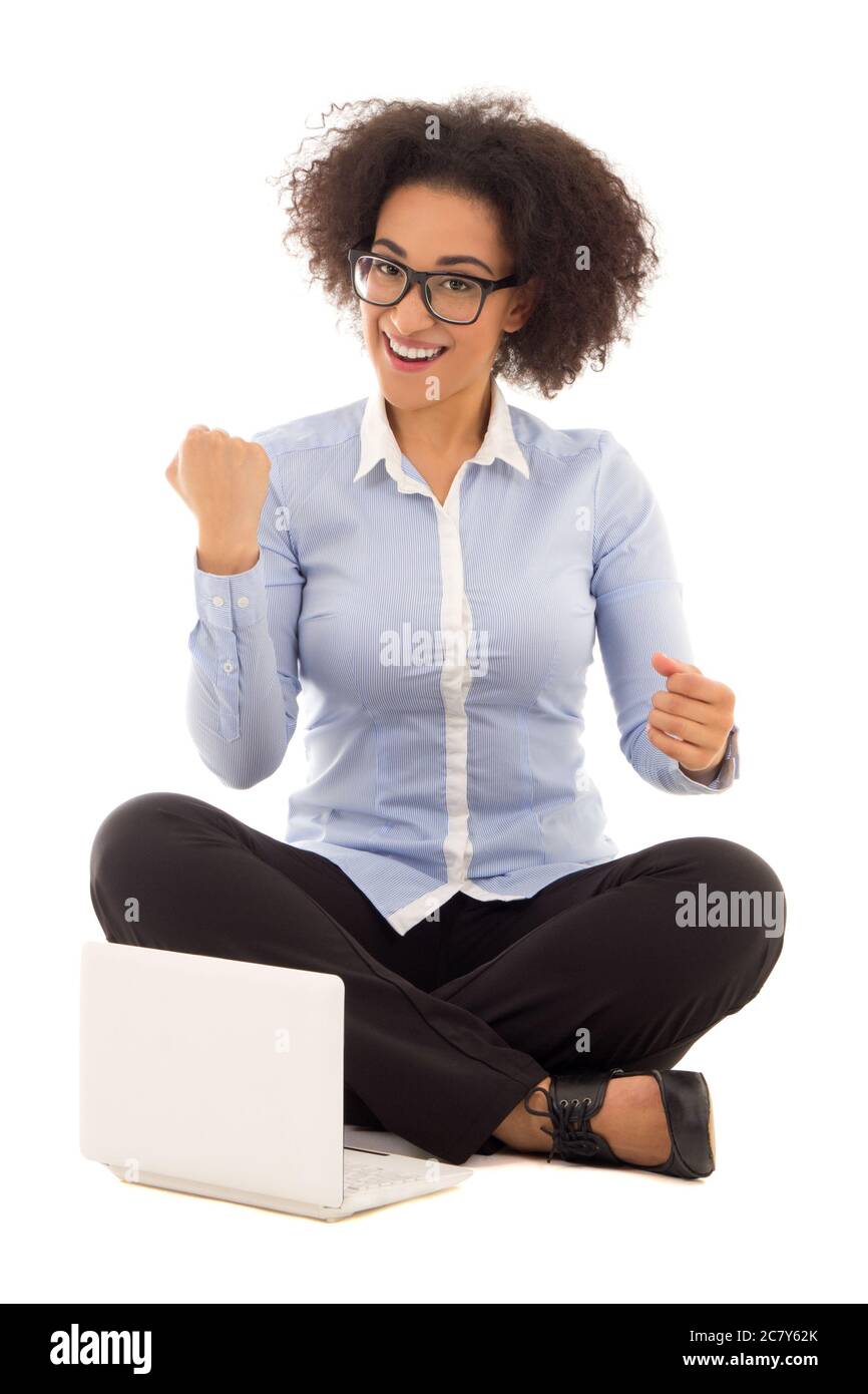 happy beautiful african american business woman celebrating something ...