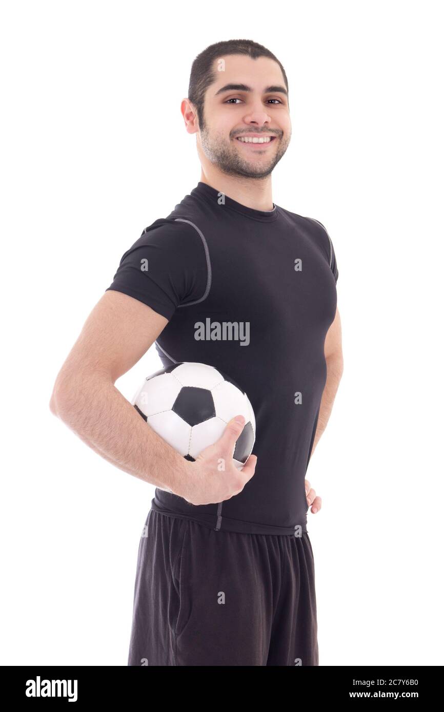 young handsome arabic soccer player with ball isolated on white