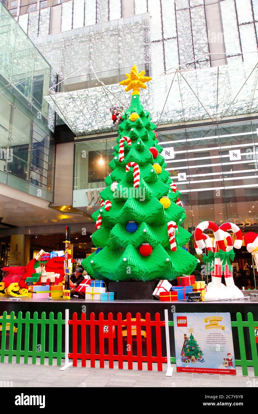 The LEGO Christmas tree outside Westfield Sydney on the corner of Pitt