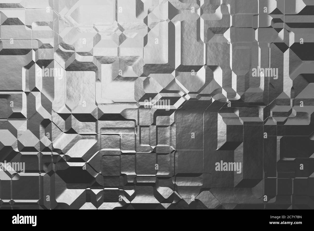 3D Gray metallic, pattern, asymmetric and geometric abstract shapes on textured Background Stock Photo