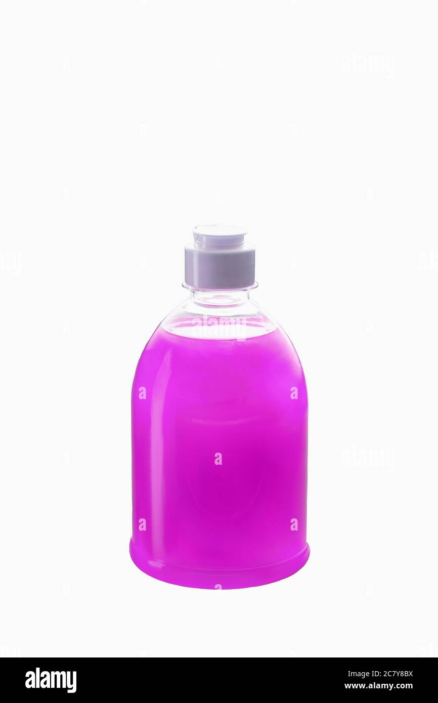 Plastic bottle of color gel, liquid soap, lotion, shampoo isolated on white background. Stock Photo