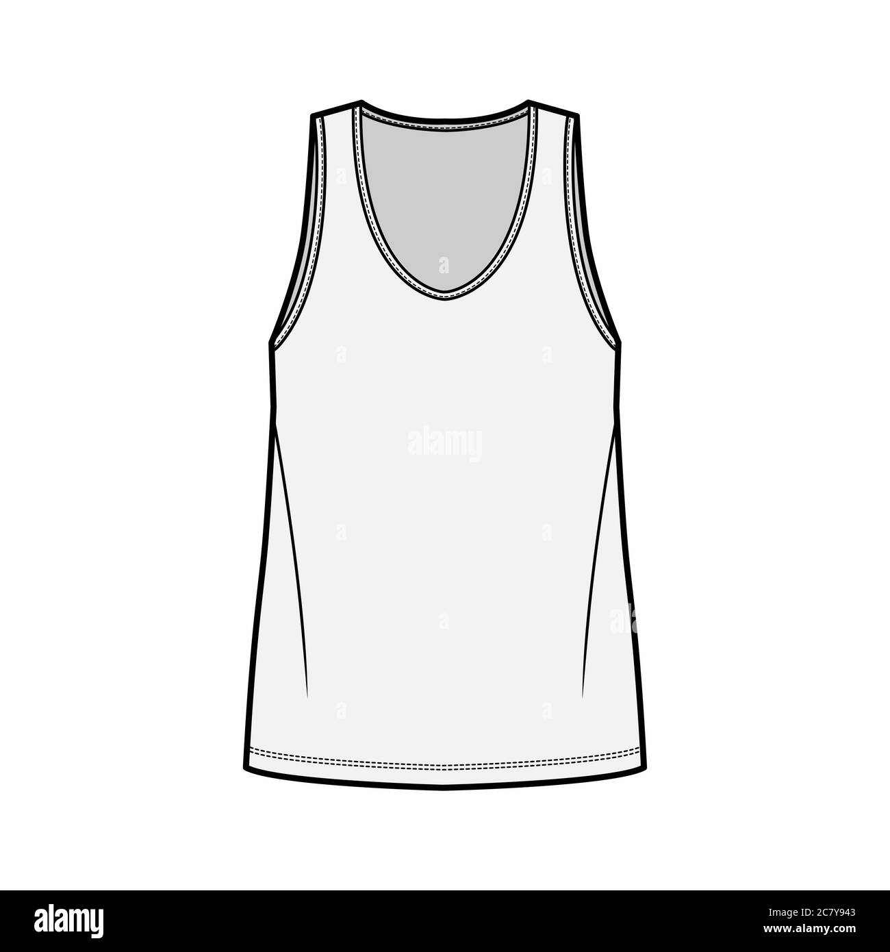 Tank top technical fashion illustration with oversized body, bonded deep  V-neckline, sleeveless. Flat shirt apparel template front, grey color.  Women, men unisex CAD mockup Stock Vector Image & Art - Alamy