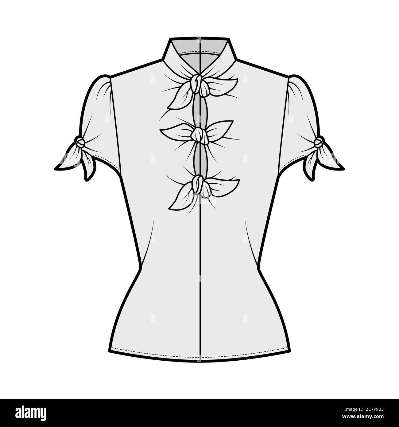 Knotted cutout blouse technical fashion illustration with high neckline, puffed volume sleeves, back zip fastening. Flat apparel template front, grey color. Women men unisex garment CAD mockup Stock Vector