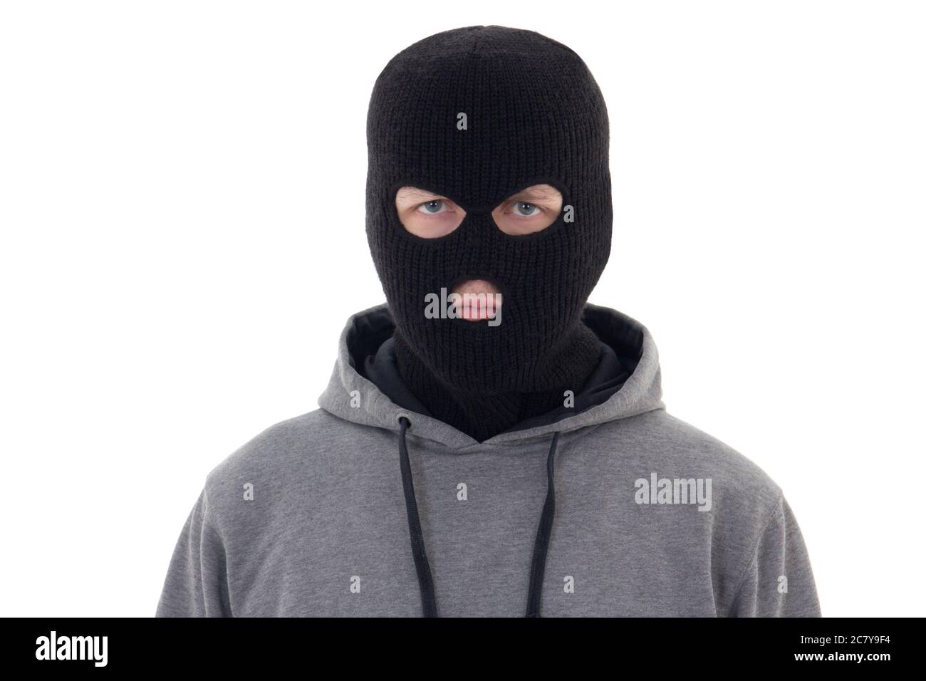 man in balaclava isolated on white background Stock Photo - Alamy