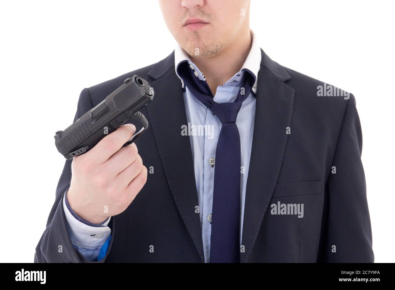 stressed man in business suit holding gun isolated on white background Stock Photo