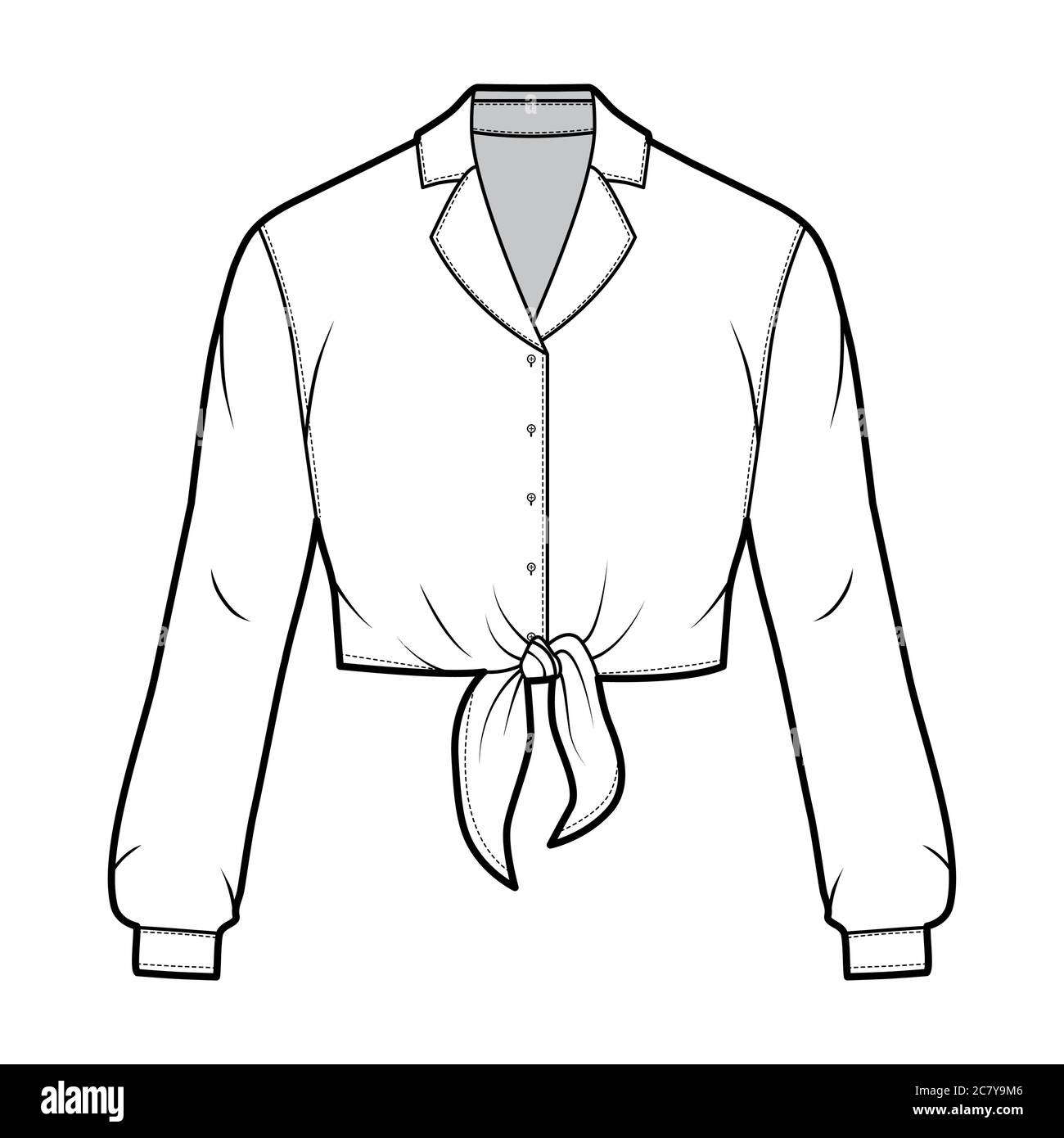 Cropped tie-front shirt technical fashion illustration with ...