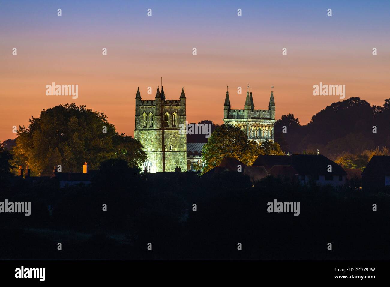 Wimborne, Dorset, UK. 20th July 2020. UK Weather. The towers of Wimborne Minster at Wimborne in
