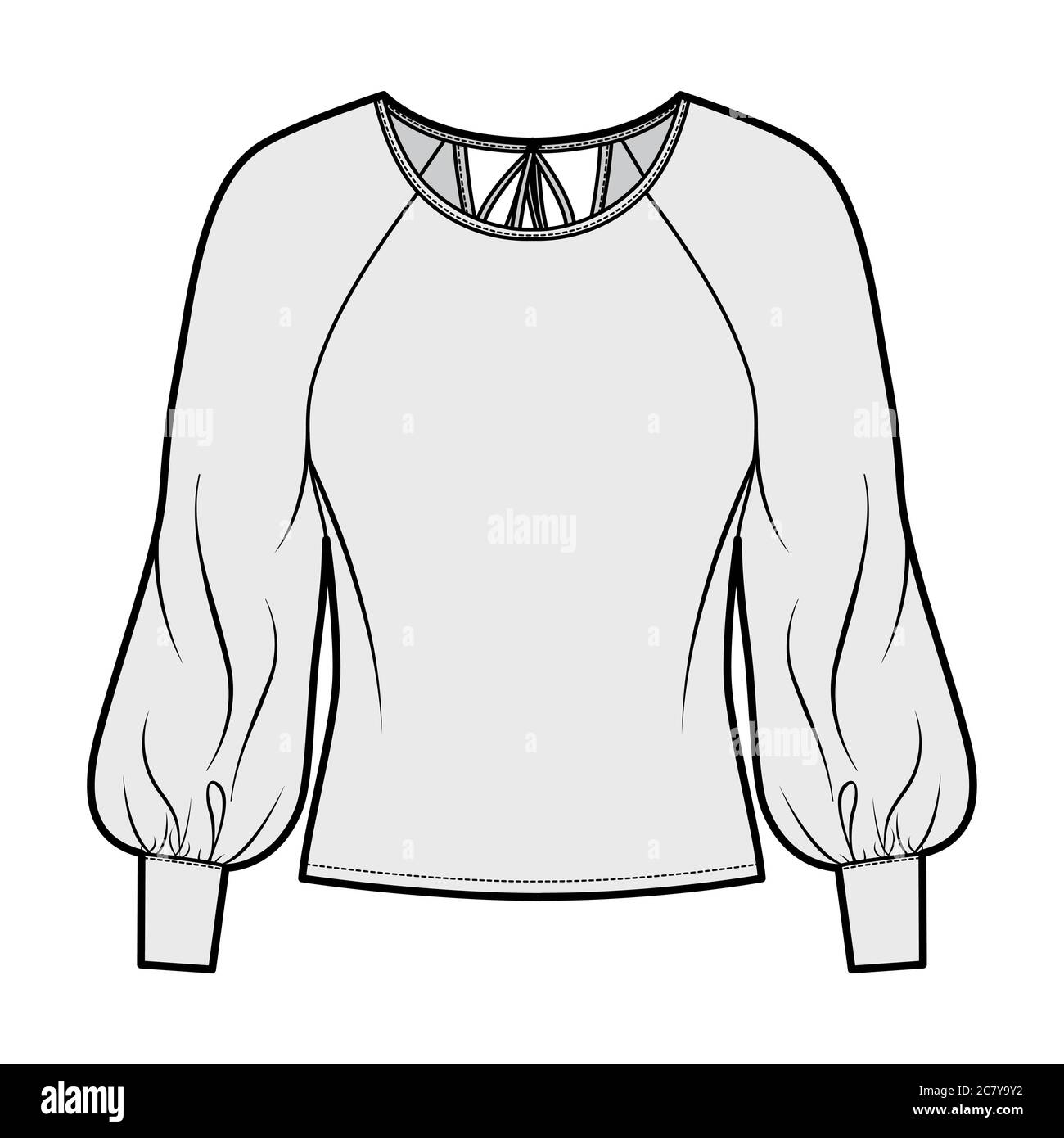 Blouse technical fashion illustration with wide round neck, exaggerated balloon raglan sleeves. sleeves, ties at back. Flat apparel shirt template front, grey color. Women men unisex top CAD Stock Vector