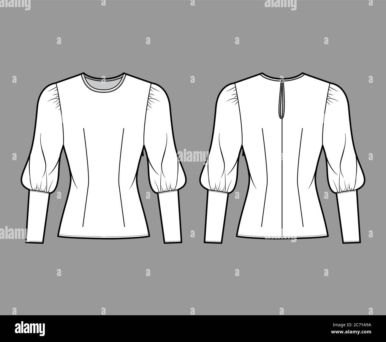 Blouse technical fashion illustration with round neckline, puffy mutton sleeves, fitted body, side zip fastening. Flat apparel template front white color. Women, men unisex CAD garment designer mockup Stock Vector