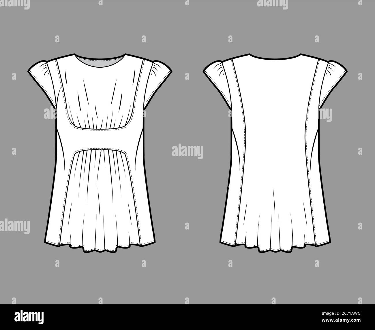 Blouse technical fashion illustration with oversized body, gathered front and back, for a