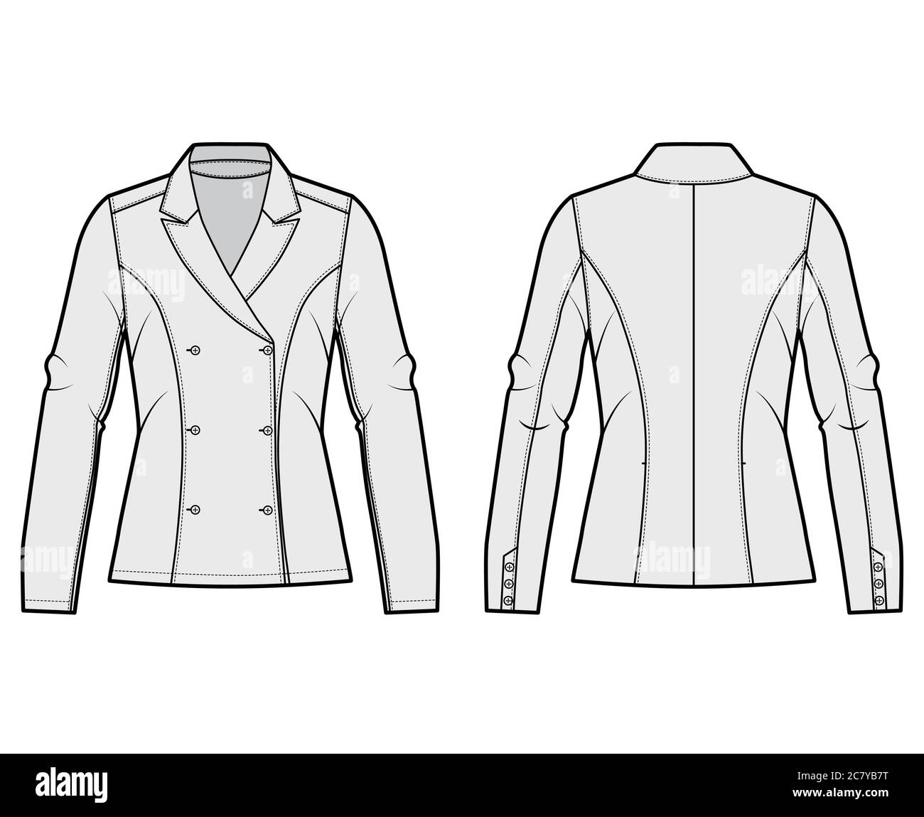 Blazer technical fashion illustration with notched lapel, fitted  silhouette, double breasted opening, long sleeves. Flat apparel jacket  template front, back grey color. Women men unisex top CAD mockup Stock  Vector Image &