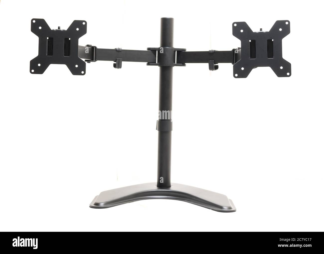 Modern dual monitor desk mount stand isolated on white background Stock