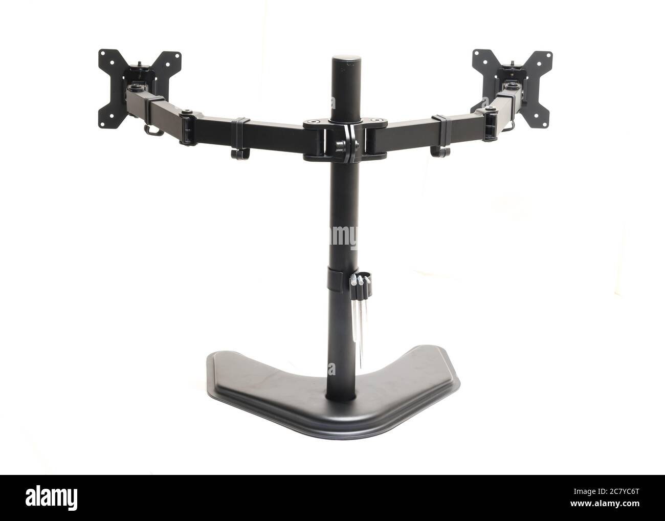 Rear view modern dual monitor desk mount stand isolated on white ...