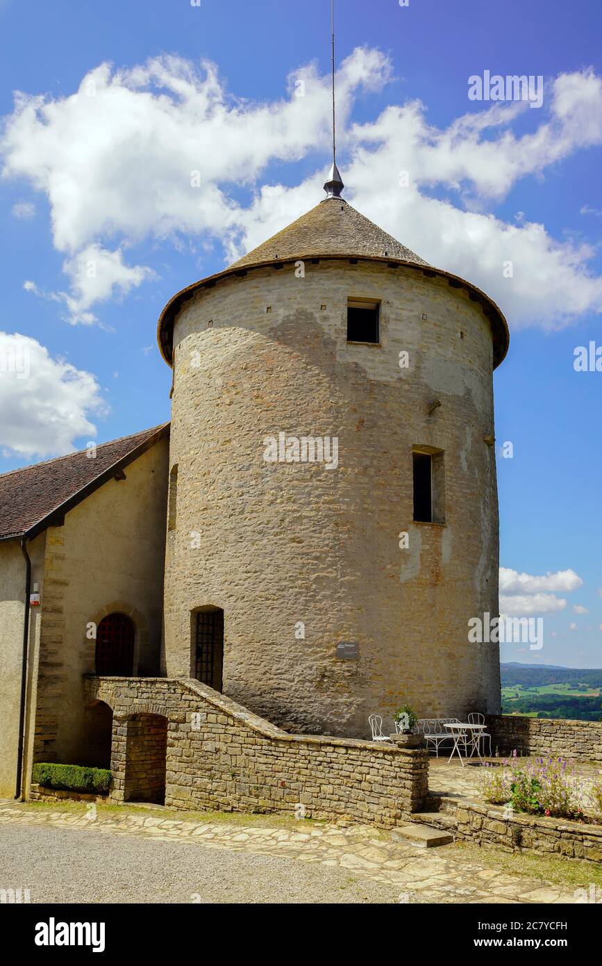 Medieval Chateau (castle) de Belvoir in Doubs department of the Bourgogne-Franche-Comte region in France. Stock Photo