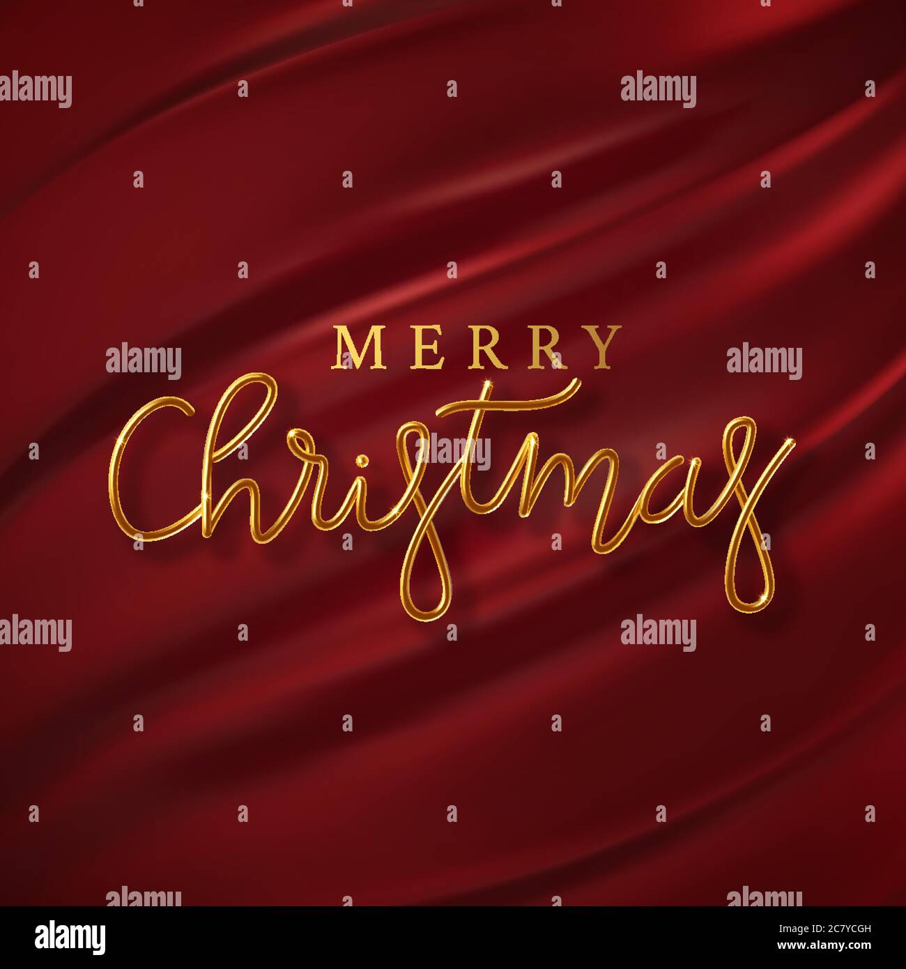 3D Realistic golden inscription Merry Christmas on a red silk ...