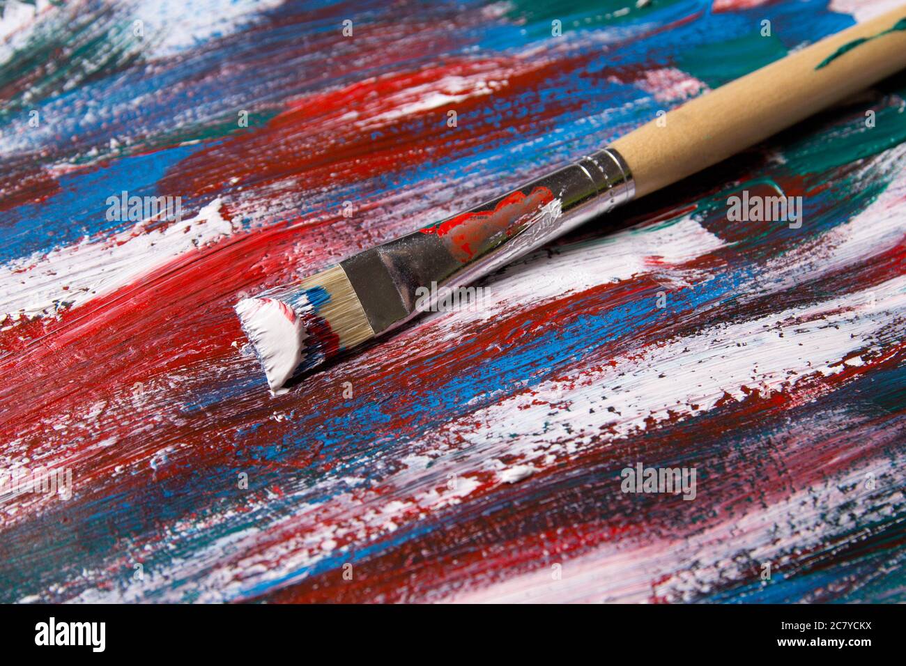 old brush on acrylic paint background with blue and red strokes Stock ...