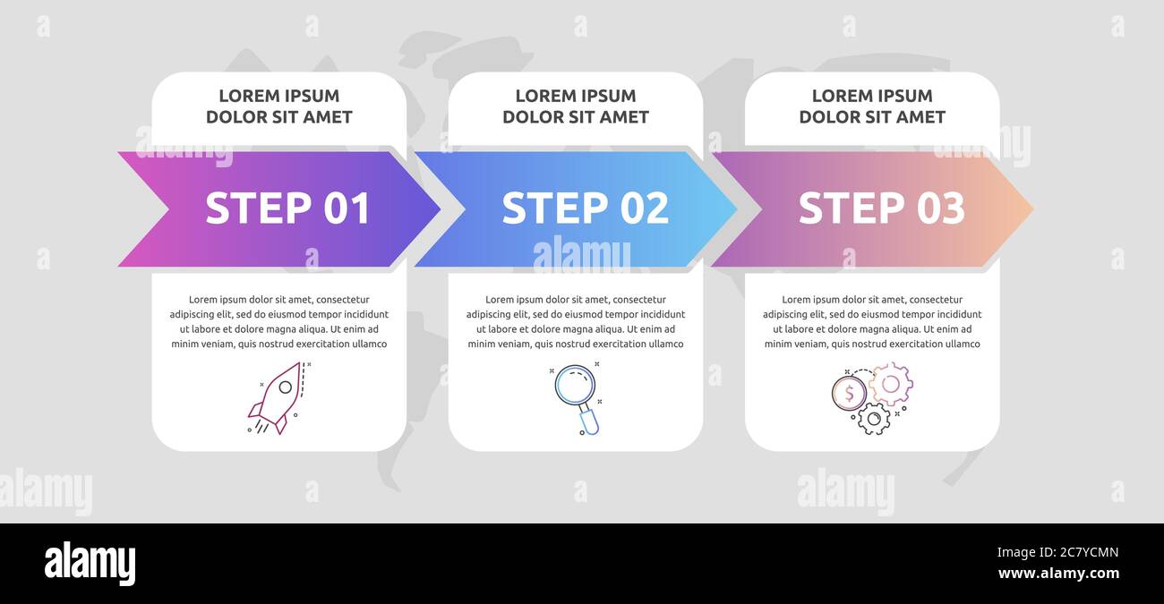 Vector infographics arrows with 3 successive steps, labels. Three colorful rectangular elements. Can be used for diagram, web, banner, workflow Stock Vector