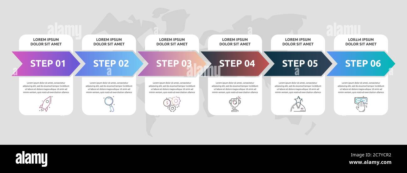 Vector infographics arrows with 6 successive steps, labels. Six ...