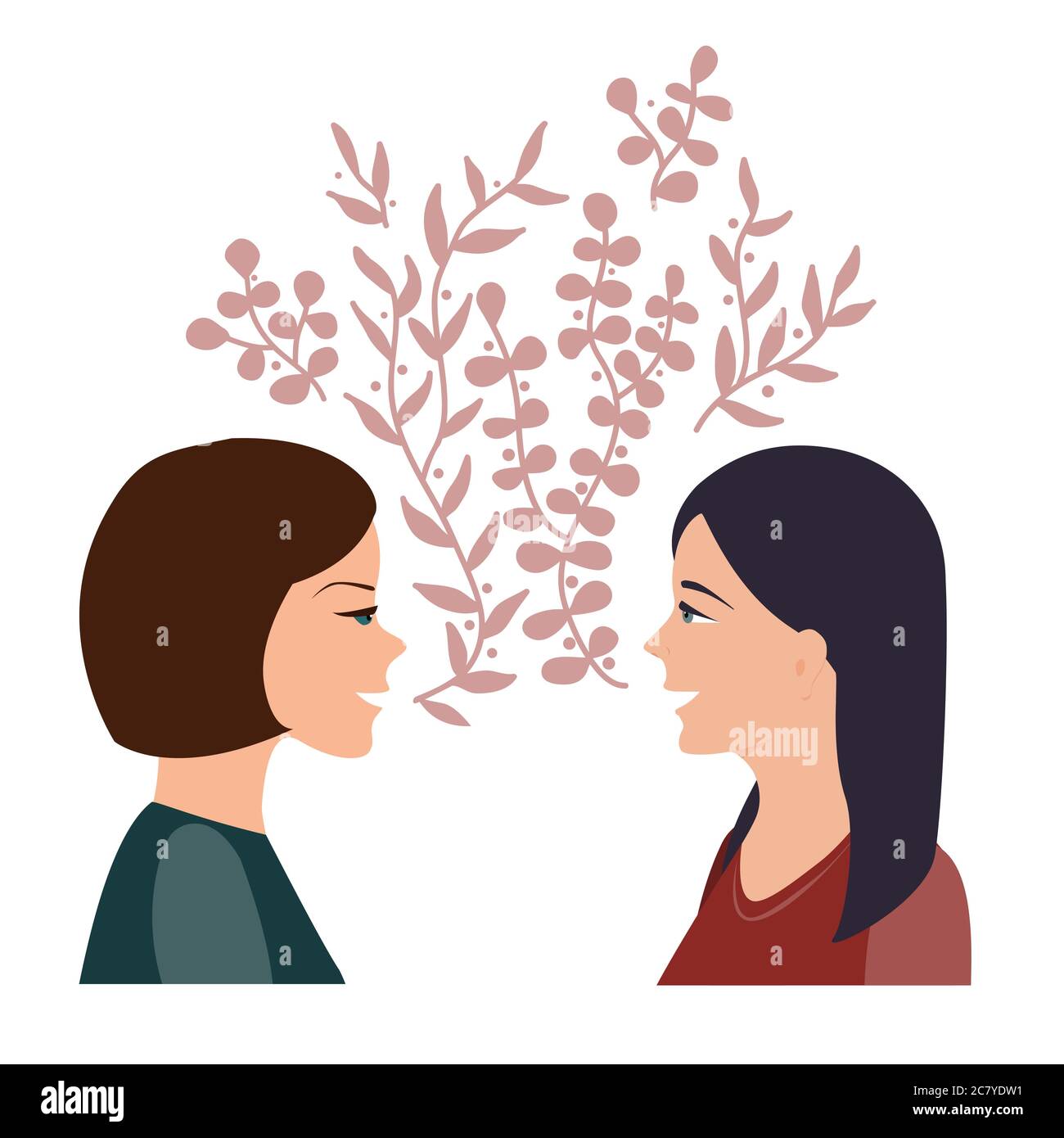 Girls talk and communication concept. Happy women talking and smiling to each other. Two girl friends chatting together. Vector illustration Stock Vector