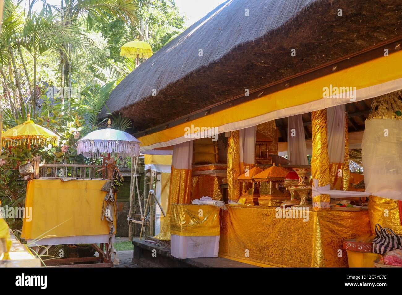Hindu offerings prepared for ceremonies at Batukaru Temple on Bali