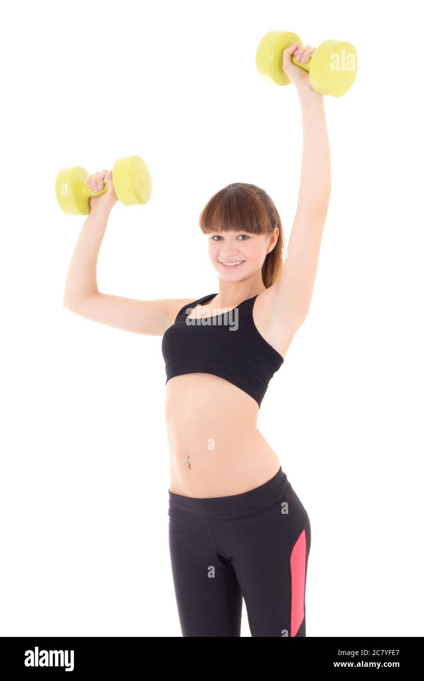 young beautiful slim woman with dumbbells isolated on white background Stock Photo