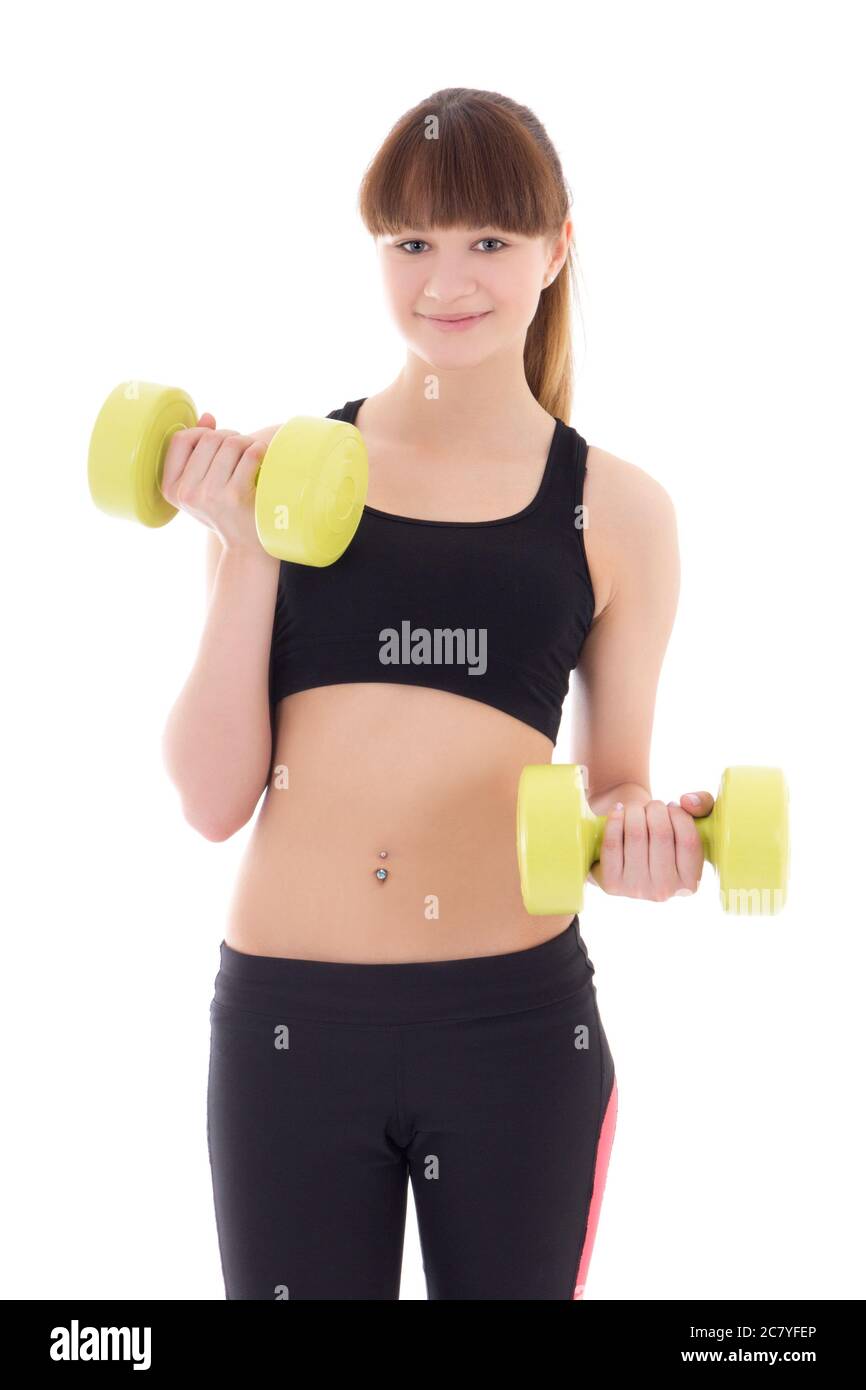 young sporty woman with dumbbells isolated on white background Stock Photo