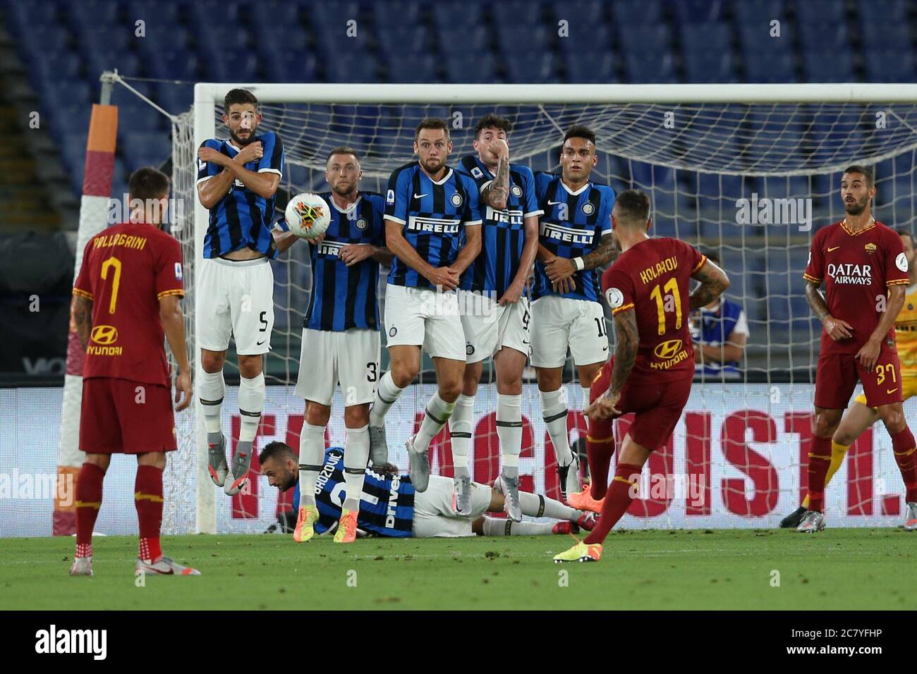 Rome Italy 19th July Inter Wall Try To Stop Aleksandar Kolarov Roma Free Kick During The Serie A Tim Match Between As Roma And Fc Internazionale At Stadio Olimpico On July Rome Italy 19th July Inter Wall Try To Stop Aleksandar Kolarov Roma Free Kick During The Serie A Tim Match Between As Roma And Fc Internazionale At Stadio Olimpico On July