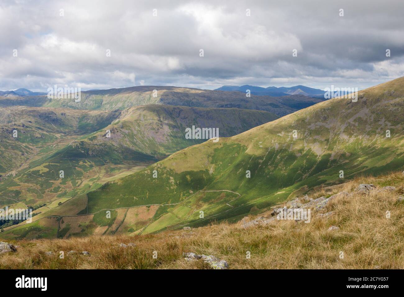View of the Northern Lakeland fells from Stone Arthur, a prominent crag and viewpoint above Grasmere Stock Photo