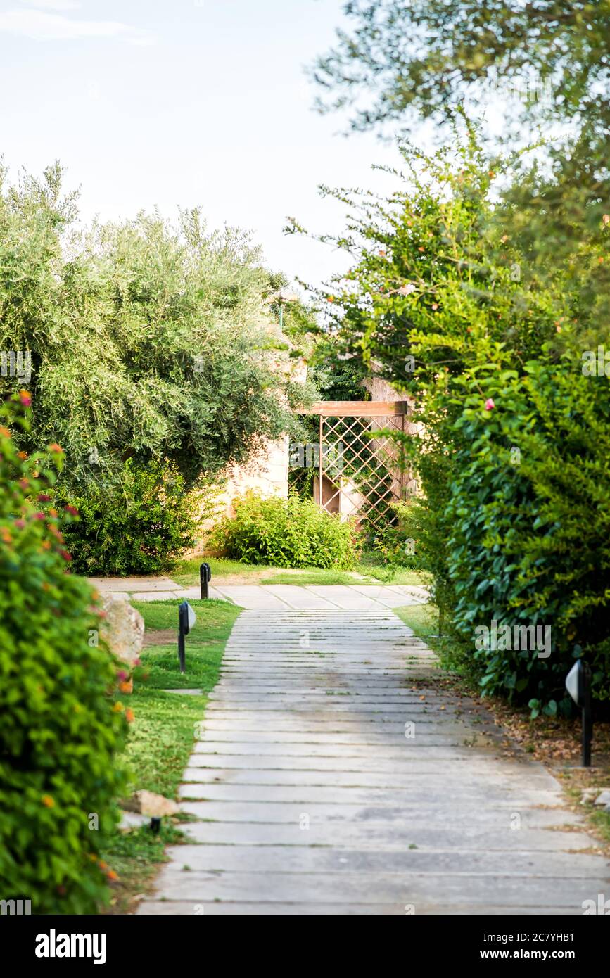 Cozy Scene. Concrete Path with Street Lights in Garden. Wooden Partition with Bush. Stock Photo