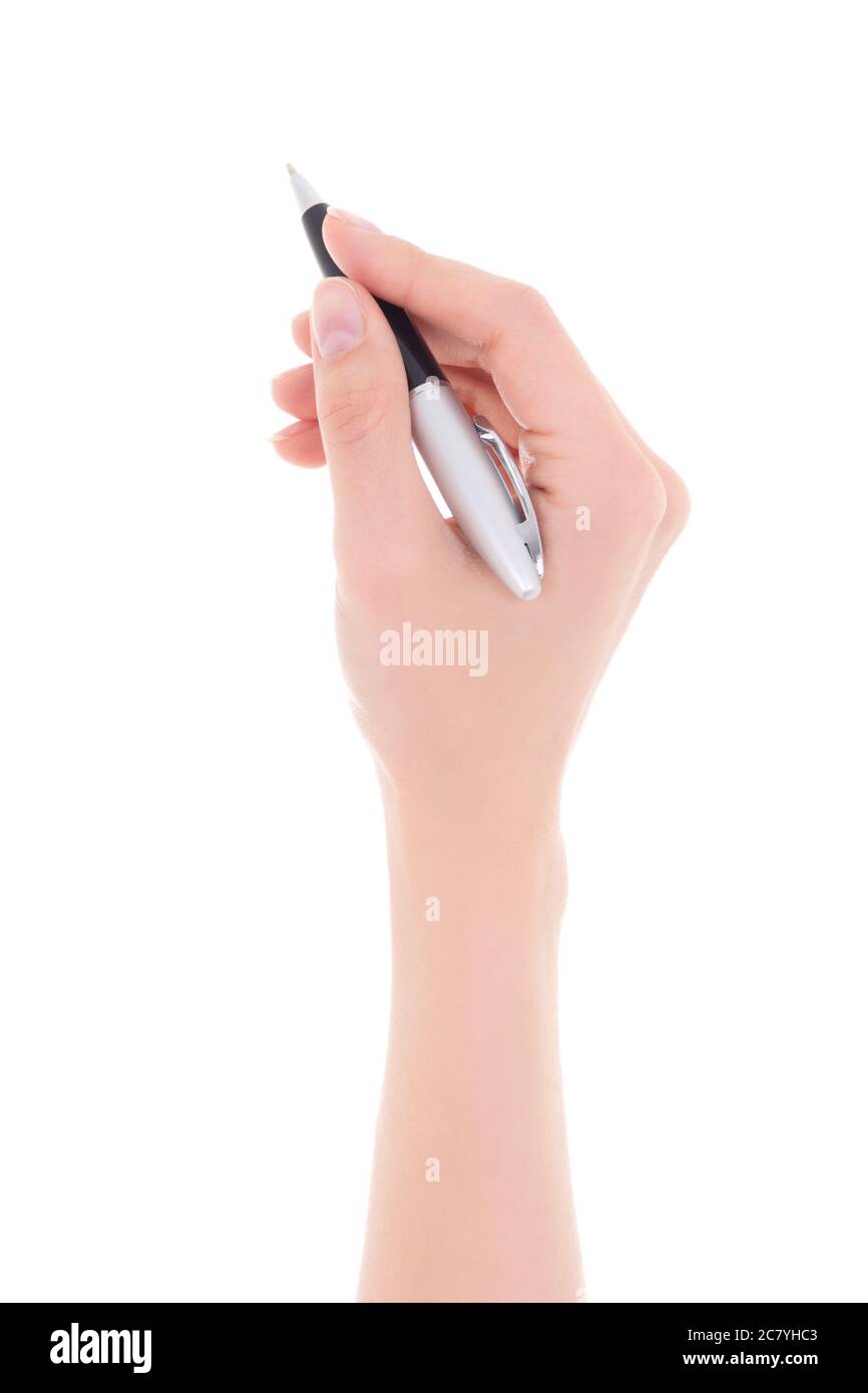 woman hand holding pen isolated on white background Stock Photo - Alamy