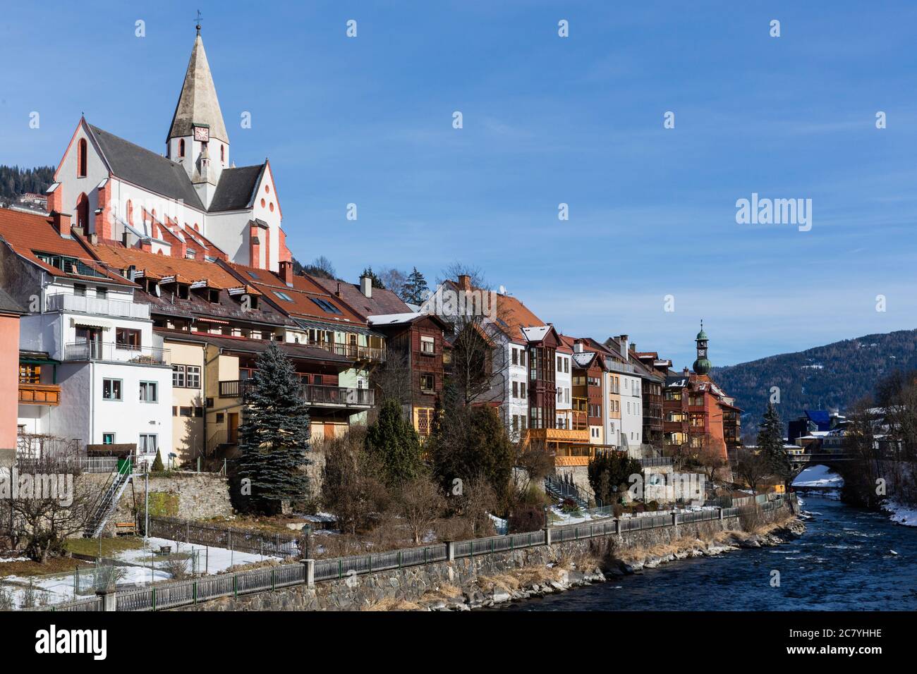 City view of Murau in Styria (Austria), seen from the Mur Stock Photo