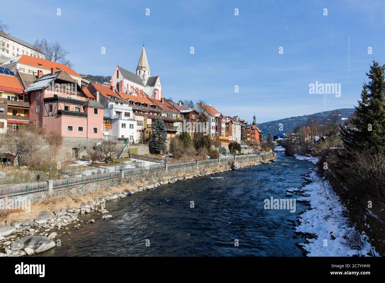 City view of Murau in Styria (Austria) with the Mur river Stock Photo