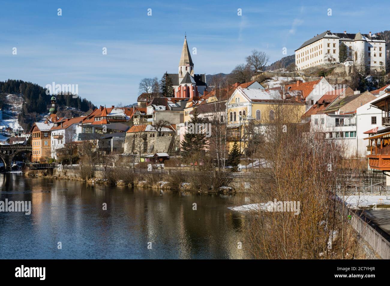 View of the town of Murau in Styria (Austria) with the Mur river in the foreground Stock Photo