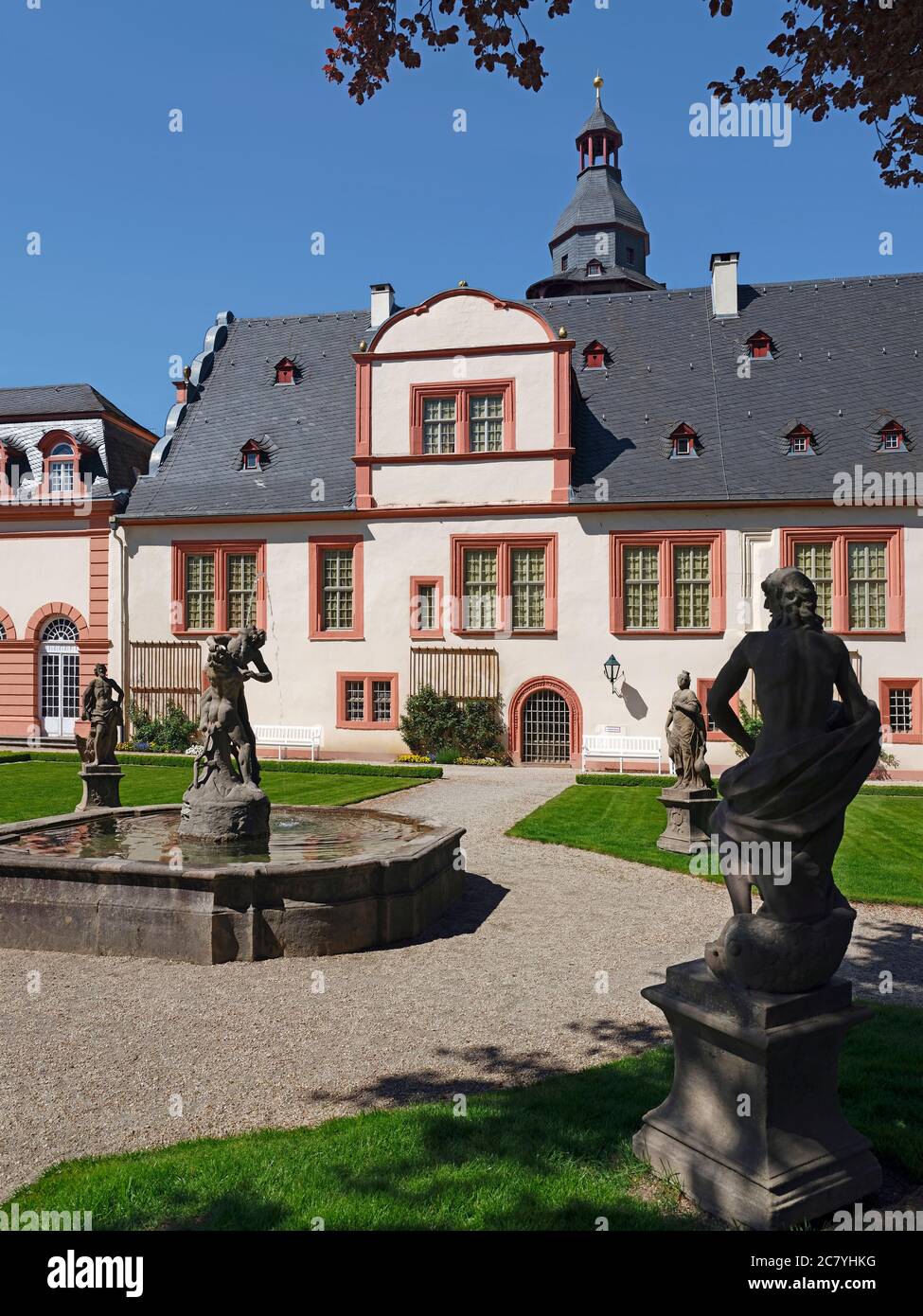 Castle, park side, fountain, sculptures, Weilburg, Hesse, Germany Stock Photo