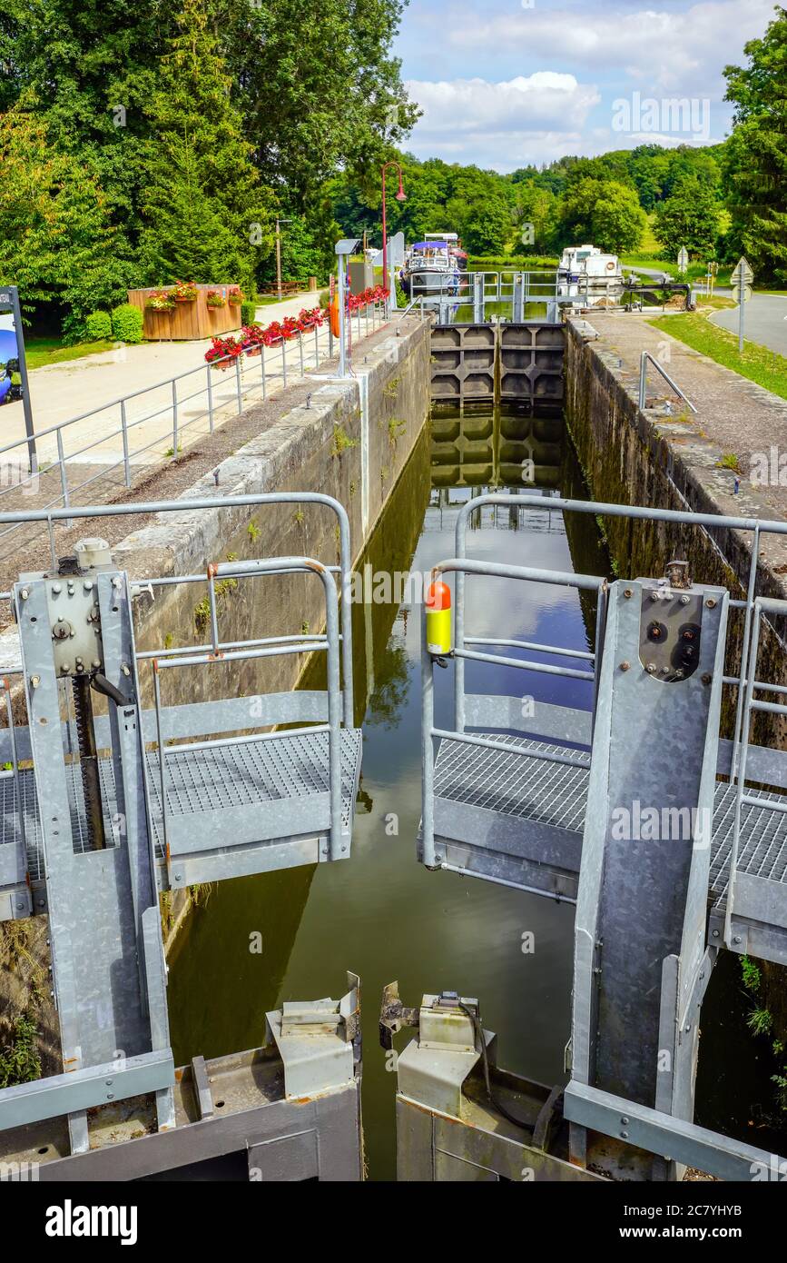 Lock on the Rhone–Rhine Canal in Montreux-Château, Belfort department in Bourgogne-Franche-Comté in northeastern France. Stock Photo