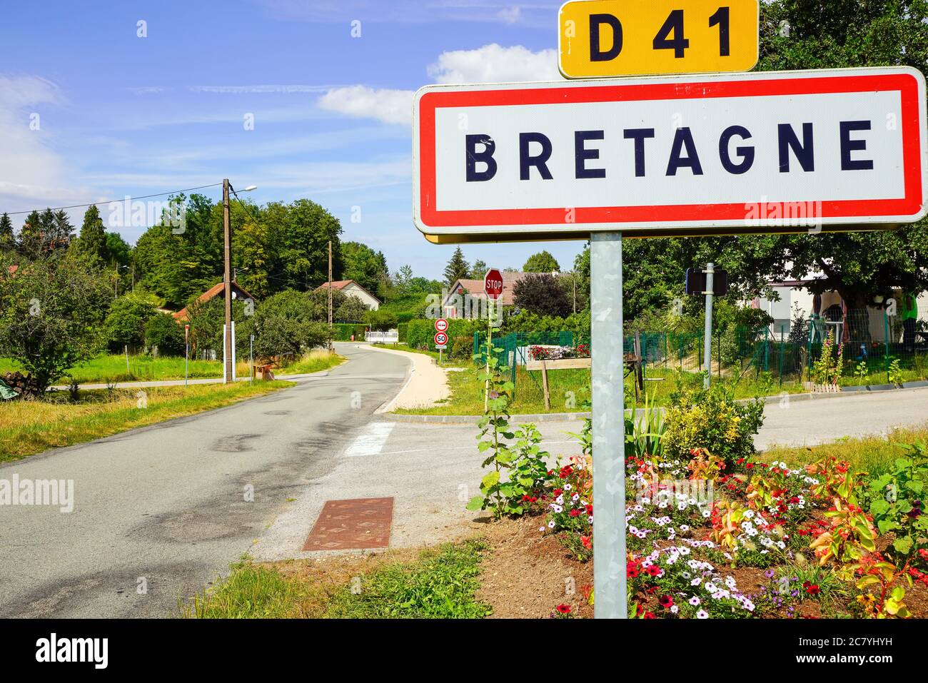 Road sign to village Bretagne. Bretagne is a commune in the Territoire de Belfort department in Bourgogne-Franche-Comté in northeastern France. Stock Photo