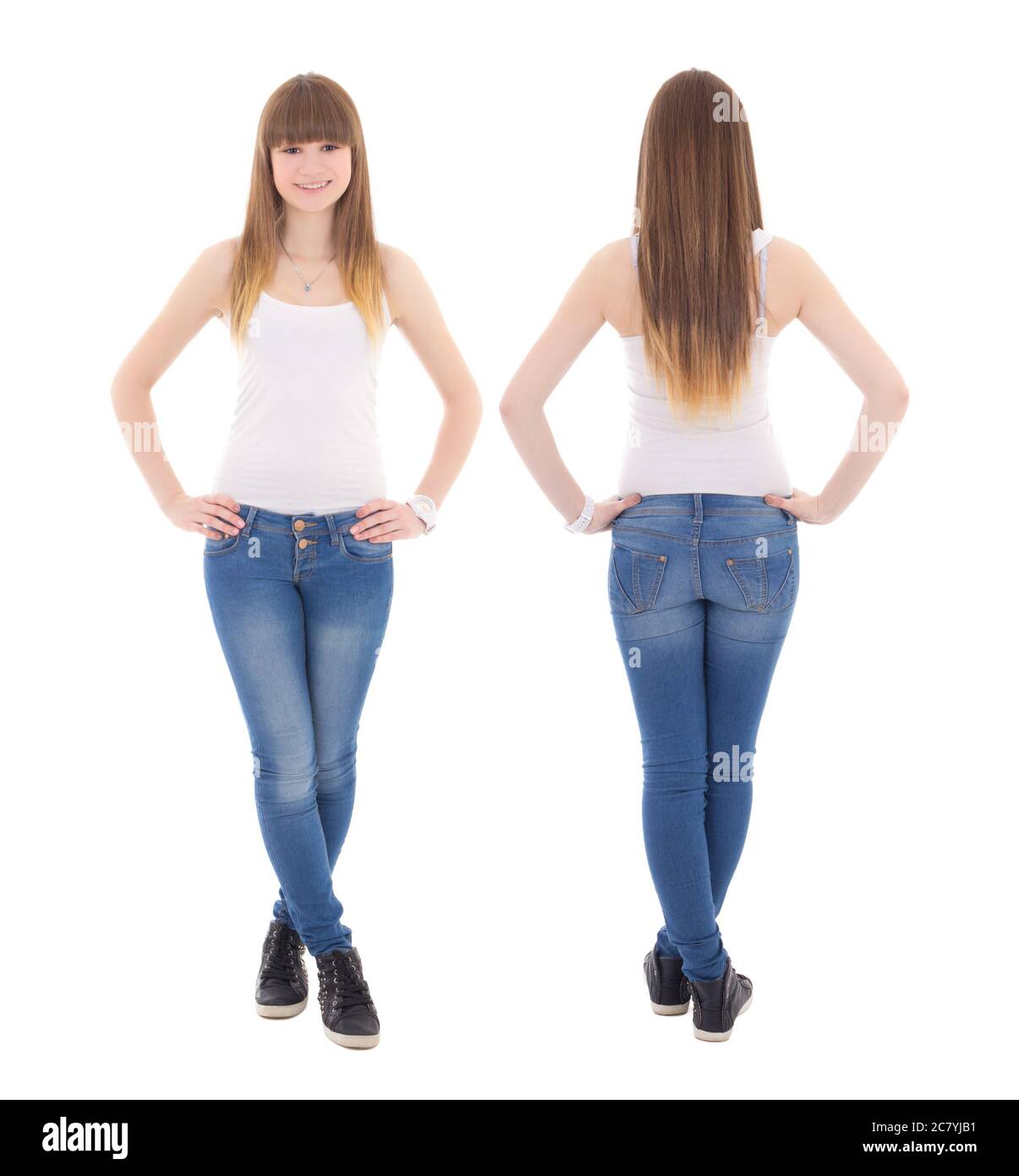 front and back view of teenage girl in white t-shirt isolated on white background Stock Photo