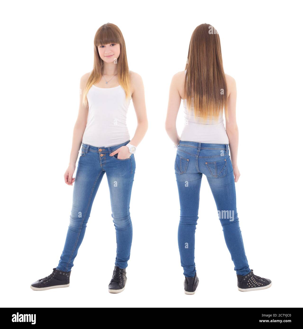 front and back view of cute teenage girl in white t-shirt isolated on white background Stock Photo