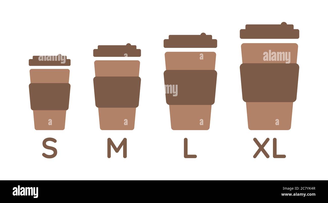 Coffee cup sizes set S M L XL. Different size - small, medium, large and extra large. Isolated illustration Stock Vector