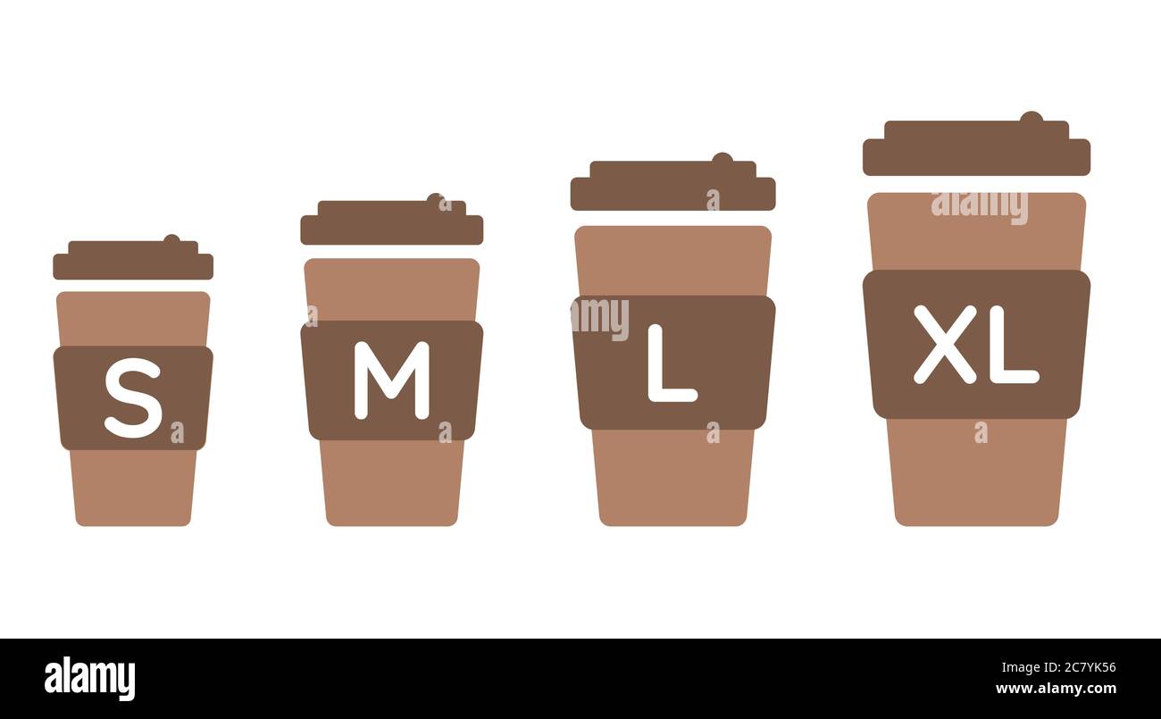 Coffee cup sizes set S M L XL. Different size - small, medium, large and extra large. Isolated illustration Stock Vector