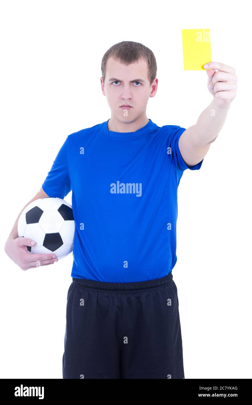 soccer referee showing yellow card isolated on white background Stock