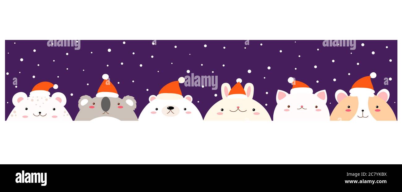 Christmas horizontal banner with cute animals in Santa hat. Faces of lovely polar bear, hamster; snow leopard, koala, cat and rabbit against the backg Stock Vector