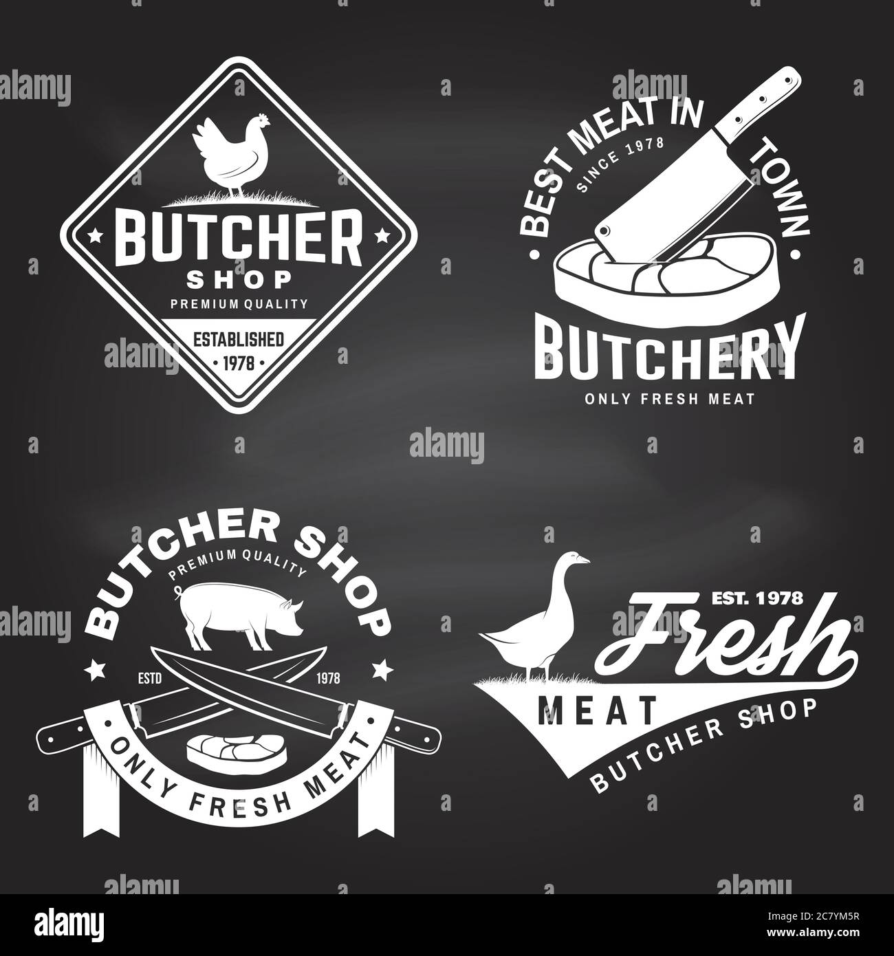 Set of butcher shop badge or label with goose, chicken, cow, pig, steak ...