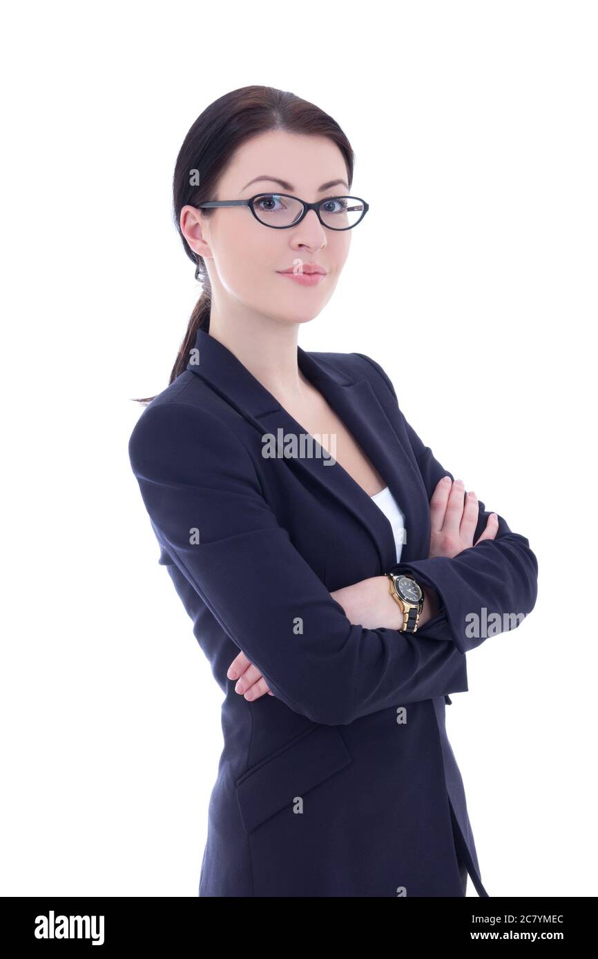 portrait of young beautiful business woman in glasses isolated on white ...
