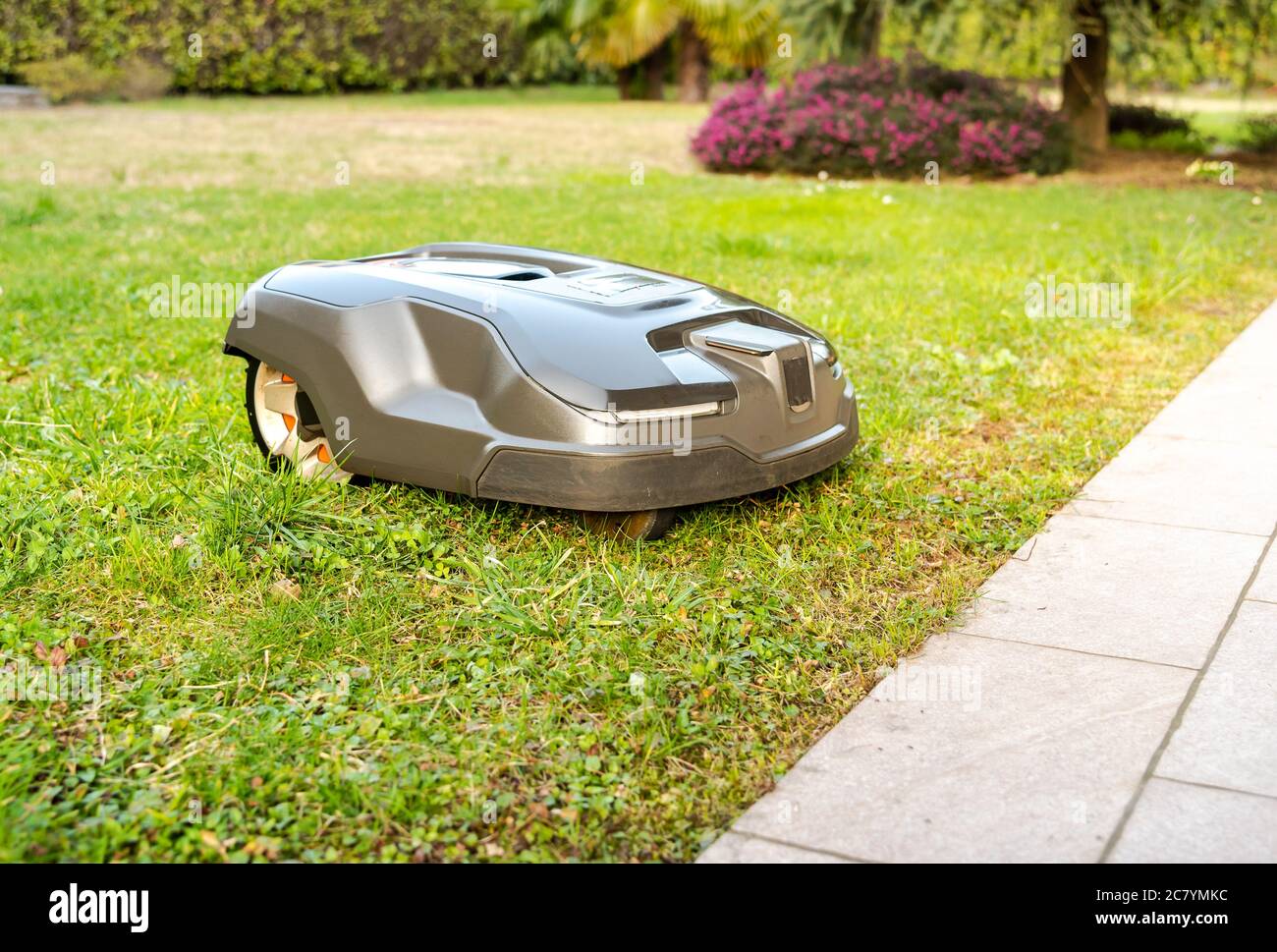 Robotic Lawn Mower cutting grass in the garden. Stock Photo