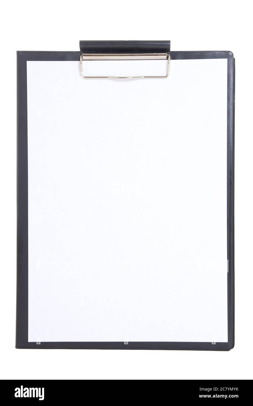 black plastic clipboard with blank paper sheet isolated on white ...