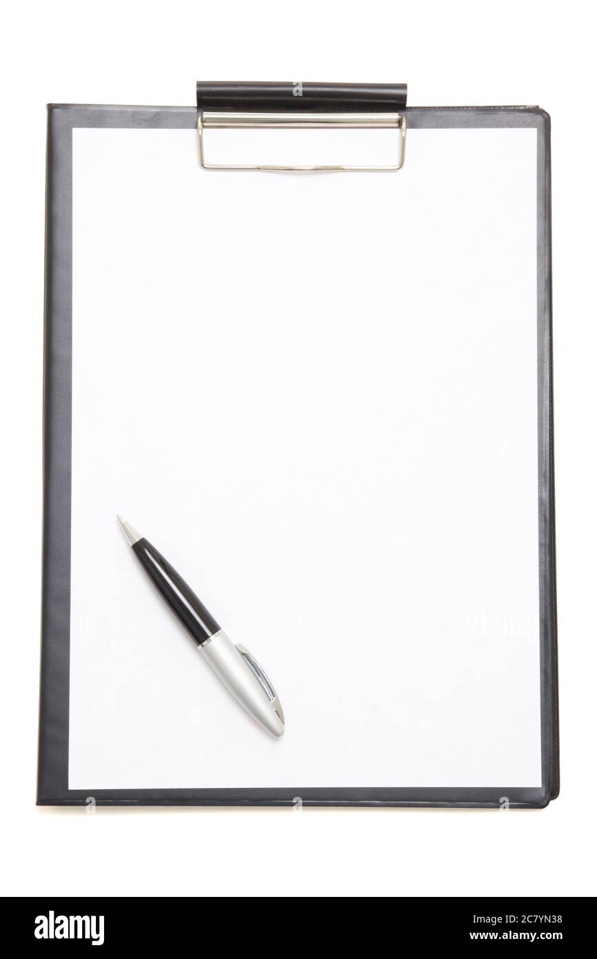 black clipboard with blank paper sheet and pen isolated on white ...