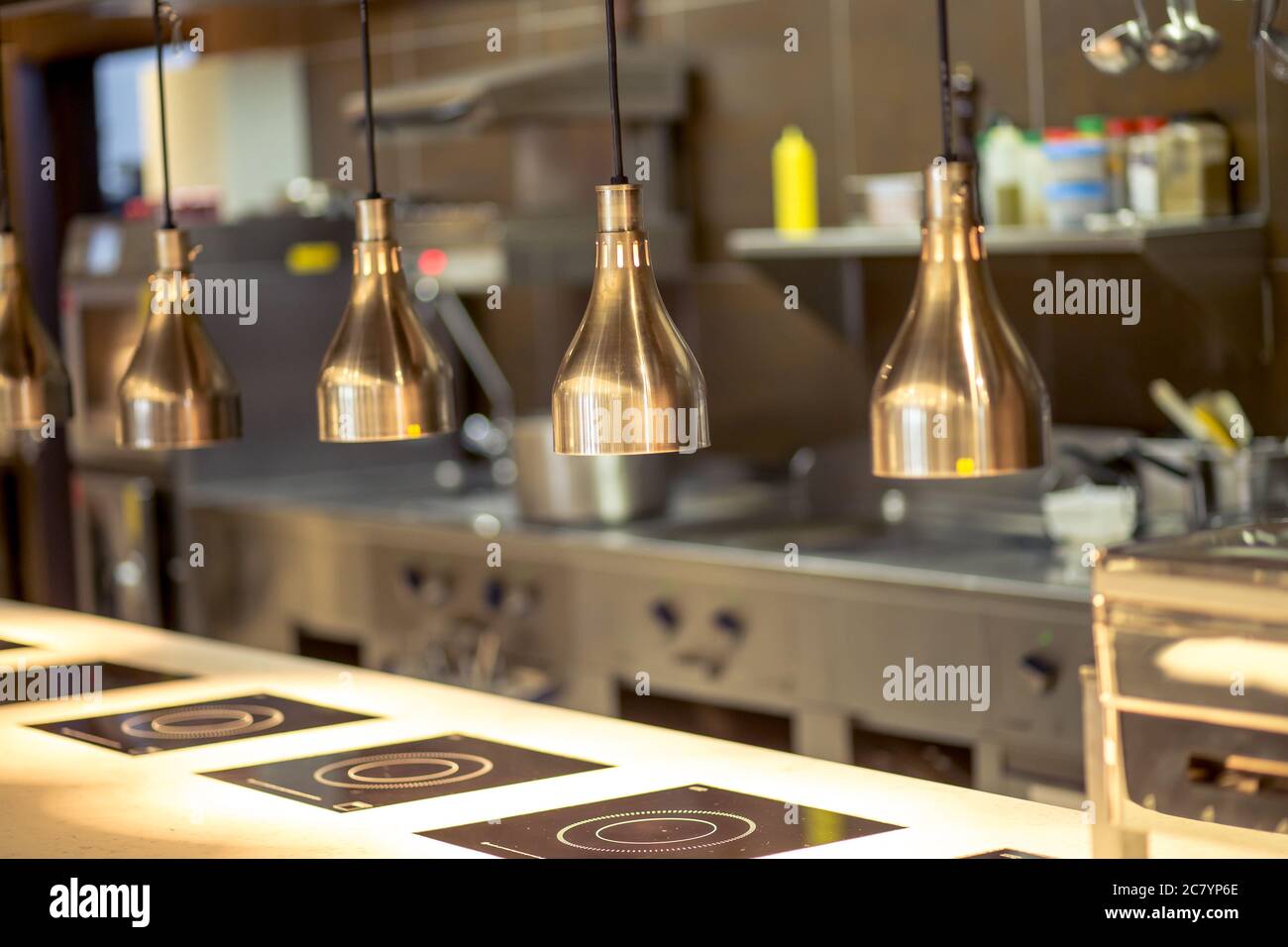 Work surface and kitchen equipment in professional kitchen Stock Photo